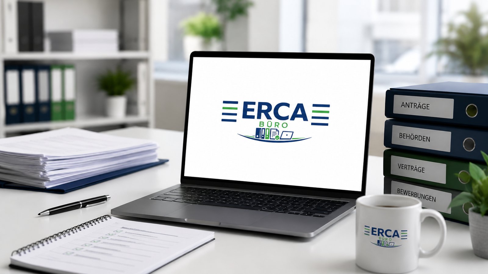 ERCA Büro – Arbeitsplatz mit Laptop, Ordnern und Unterlagen